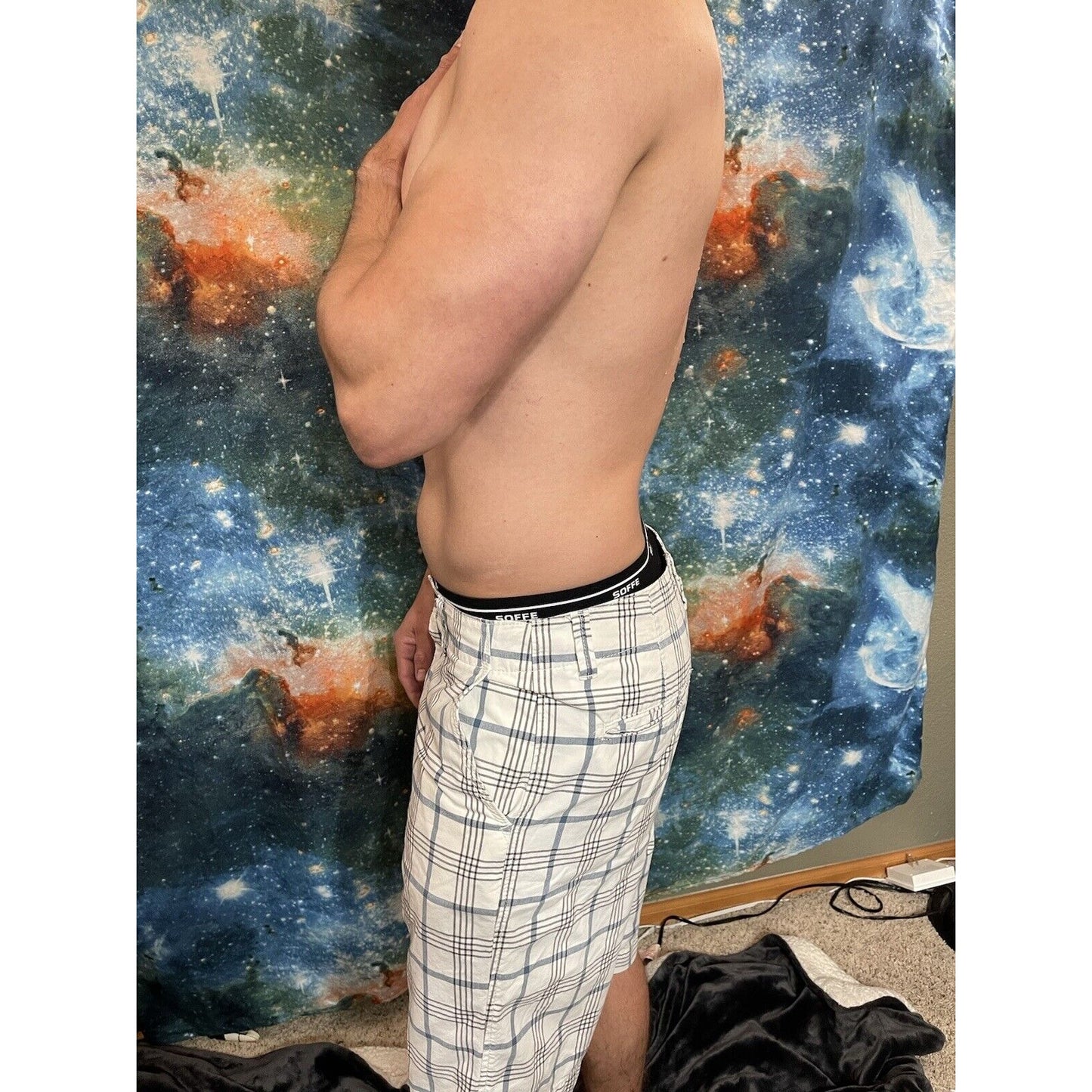 Men’s American Eagle Size 31 White Blue Plaid Longboard Shorts