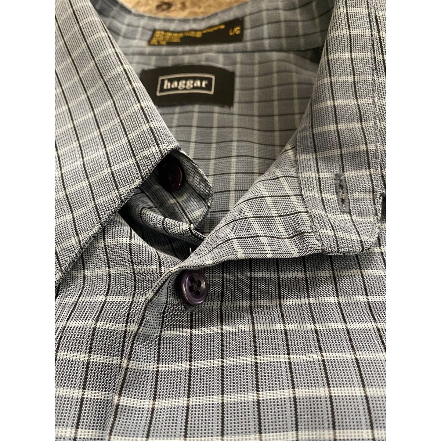 HAGGAR Men’s Large Gray Checkered Wrinkle-free Button-down Long Sleeves Shirt