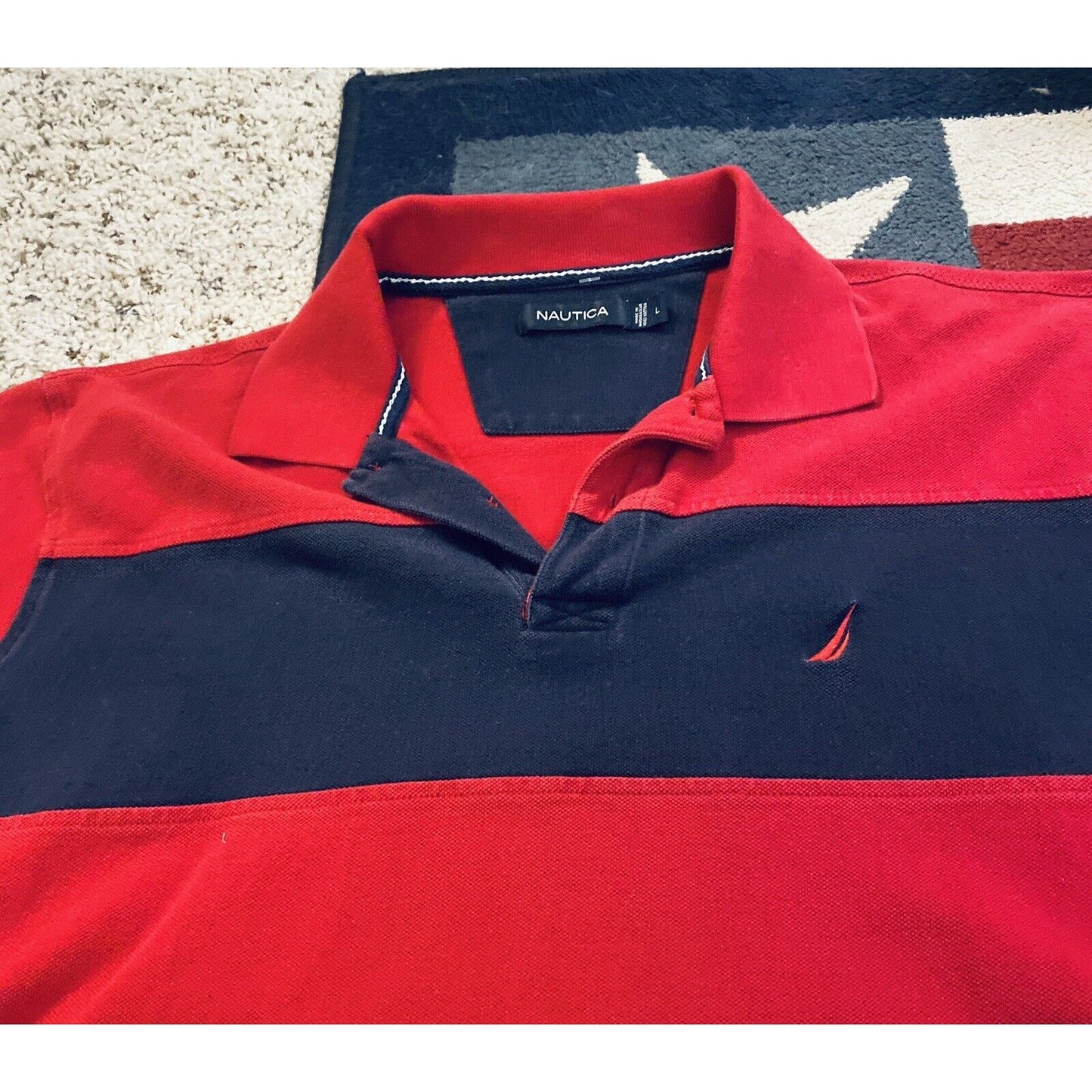 Classic Nautica Polo Shirt Mens L Red with Black Band