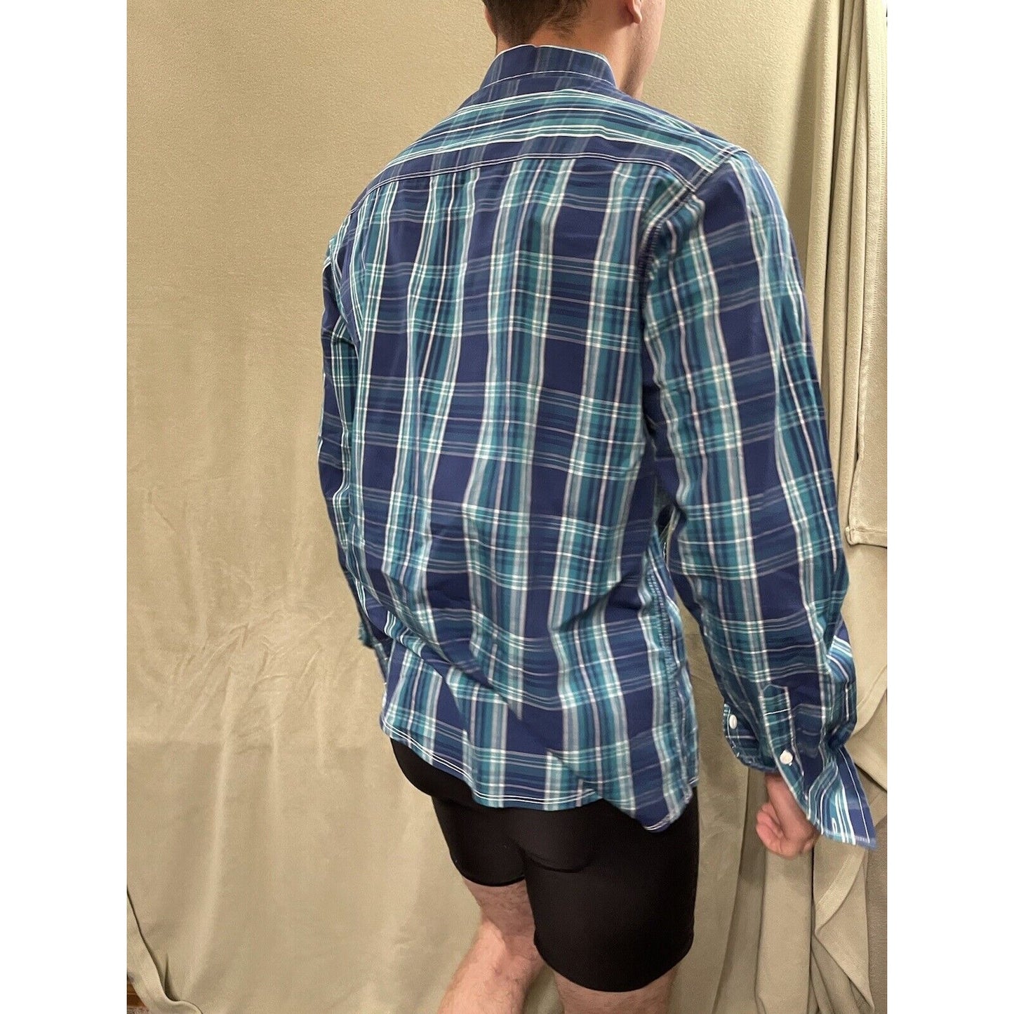 Marc Ecko Cut & Sew Blue Green White Plaid Long Sleeve Button Down Shirt Medium