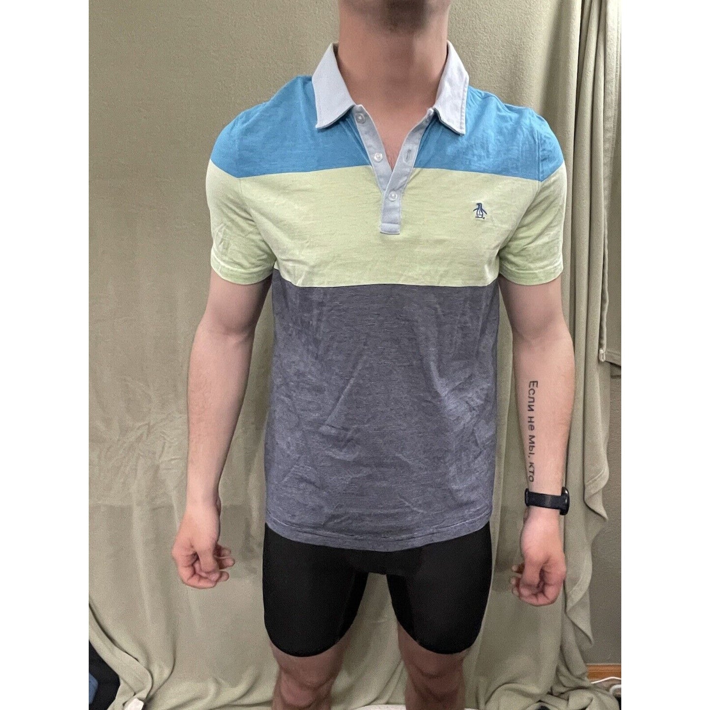 PENGUIN By Munsingwear 3 Button SS Polo Shirt Gree/Blue Large Heritage Slim Fit