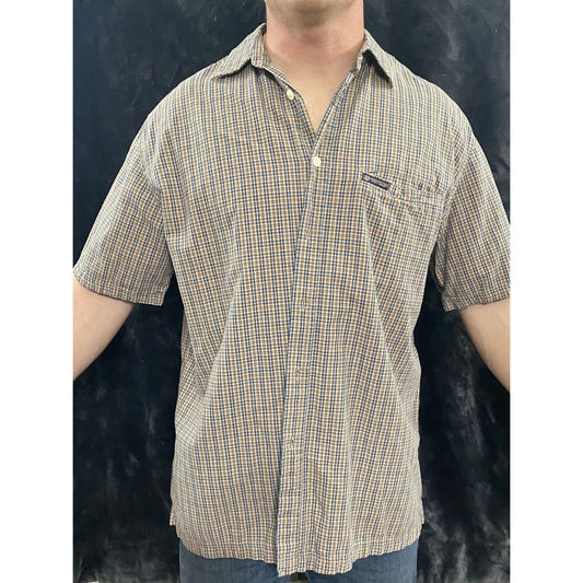AEROPOSTALE Men’s Large Orange and Blue Checkered Button-down Short Sleeves