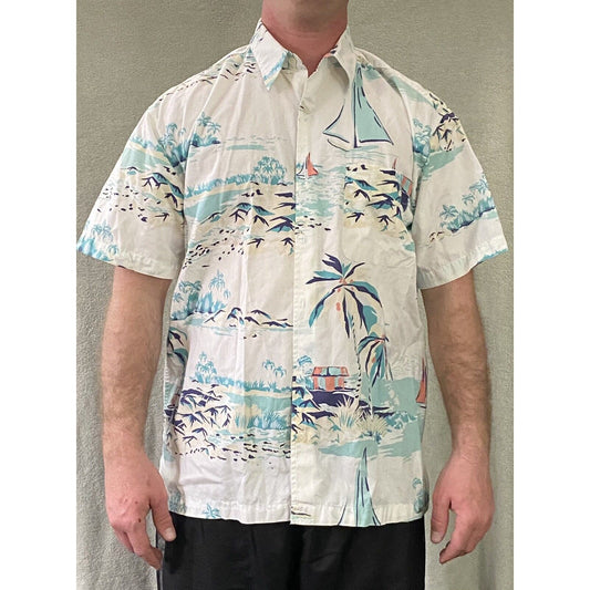 Old Navy White Summer Prints Sailing Boats Island Men’s Large Button-down Shirt