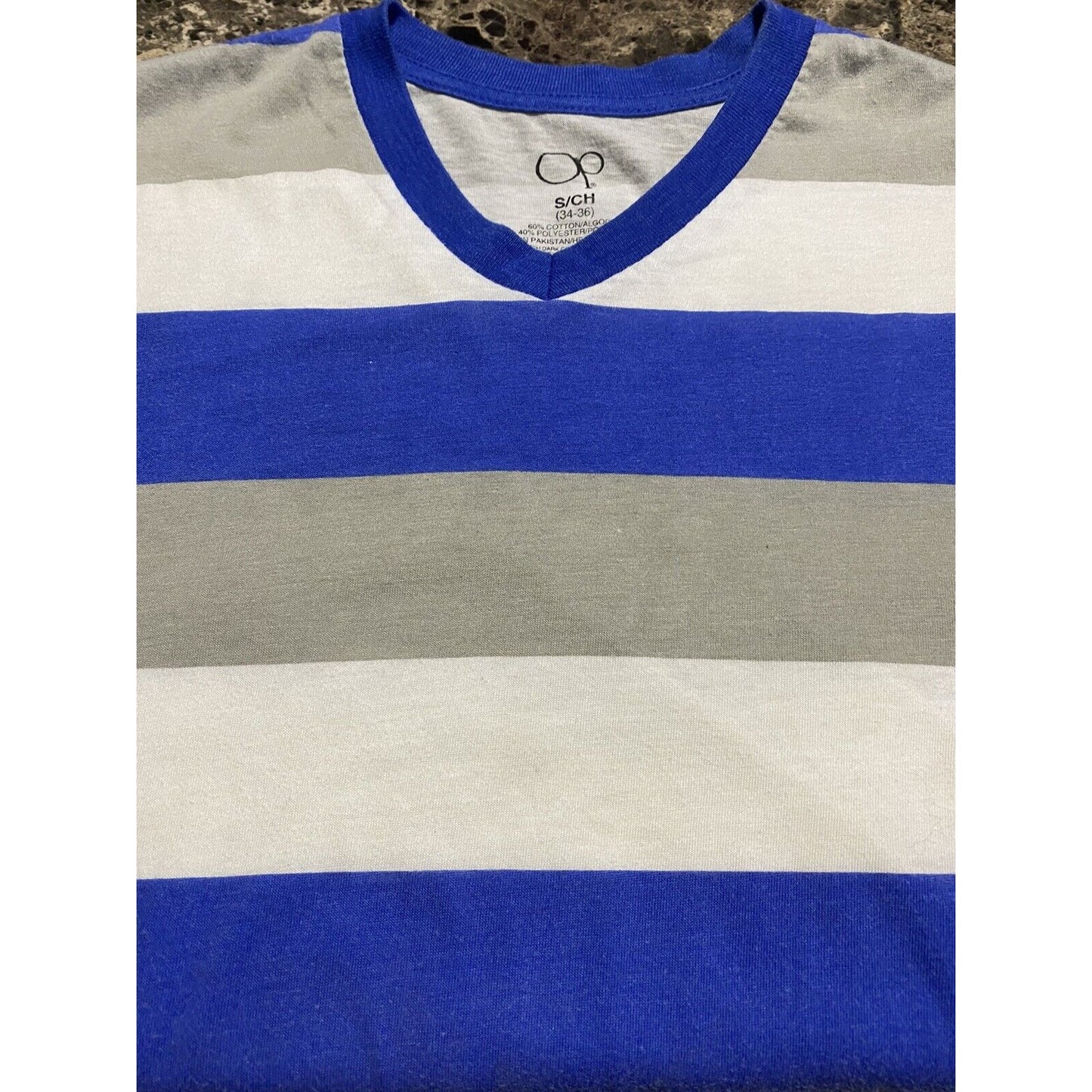 OP Ocean Pacific Gray, White, Blue Stripes Men’s Small V-neck T-shirt