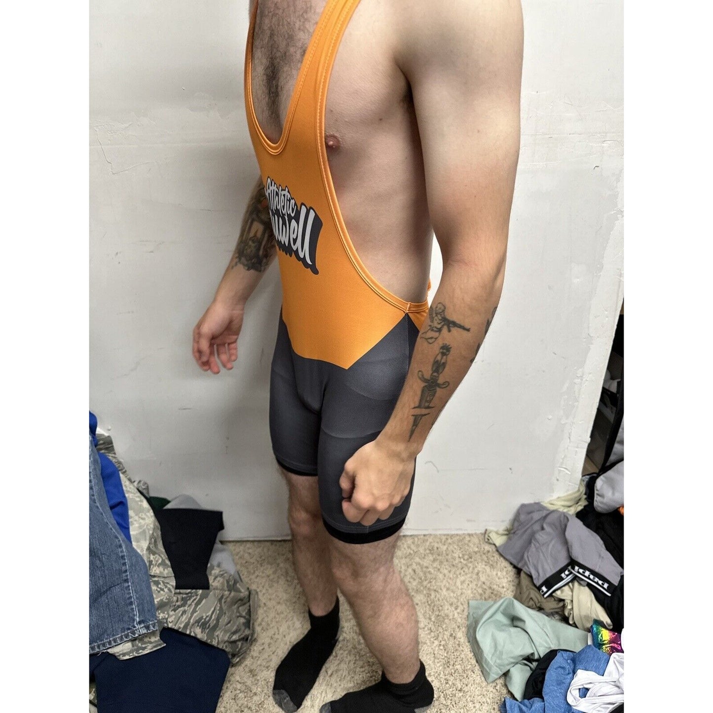 Men’s Large Orange And Gray Tauwell Athletic Wrestling Singlet