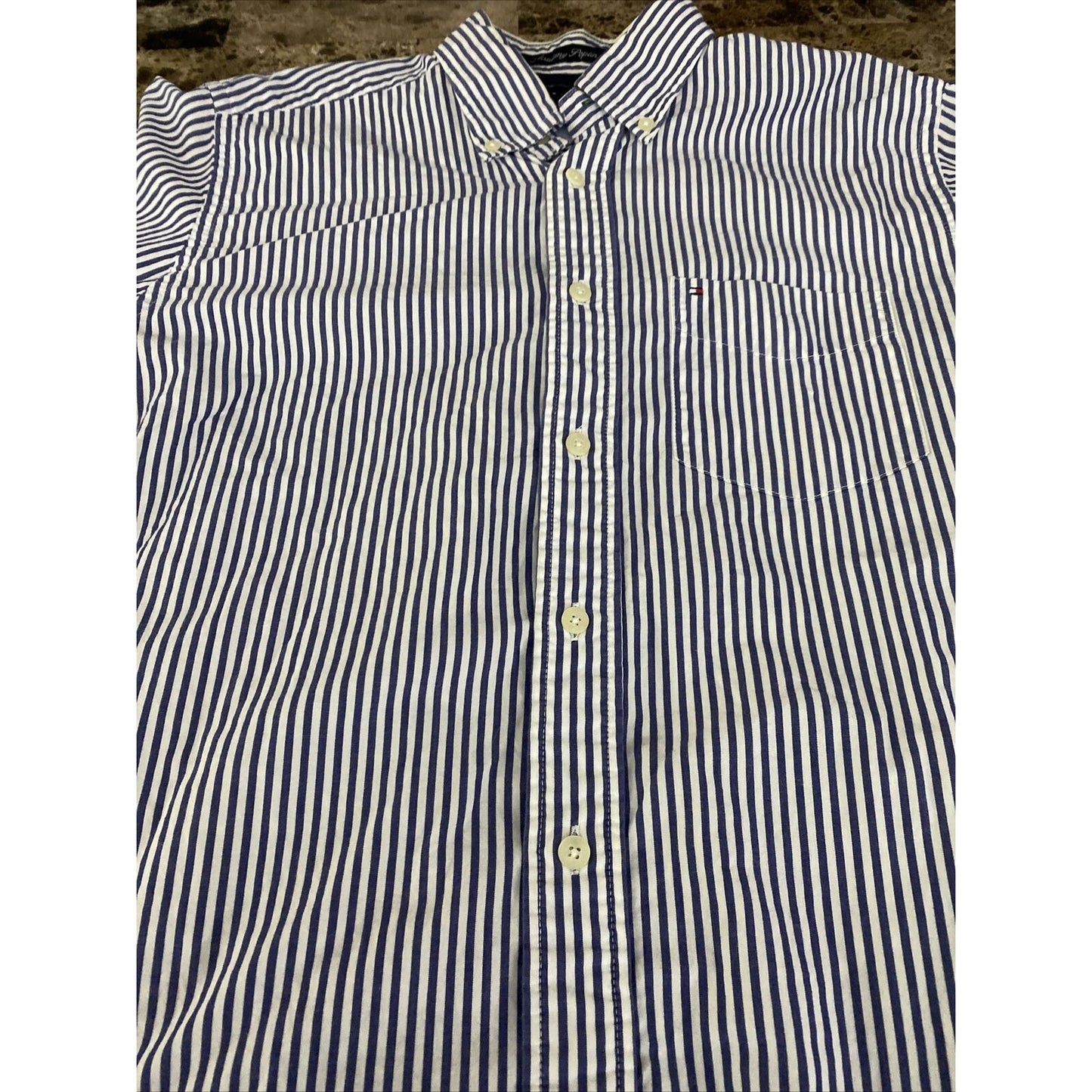 Tommy Hilfiger Men’s Small Blue White Stripes Button-down Cotton Long Sleeves