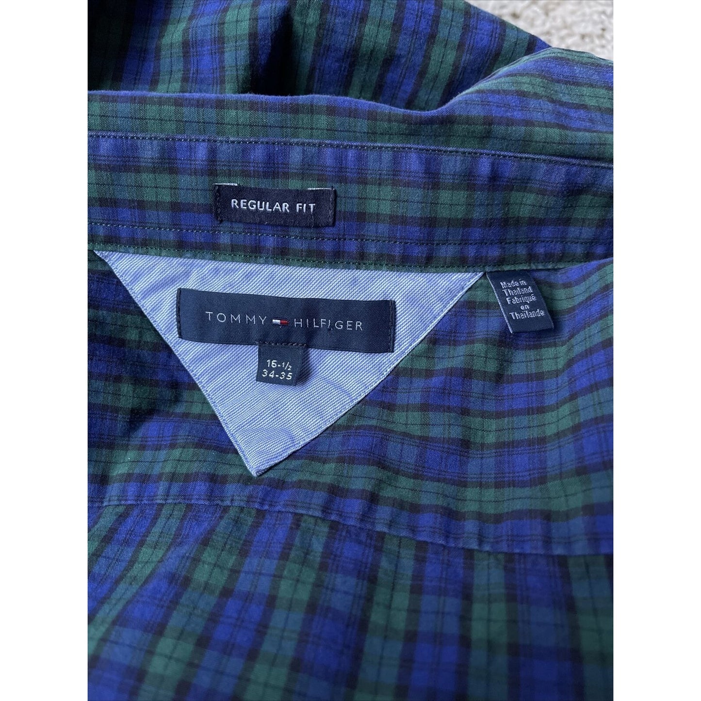 Men’s Tommy Hilfiger Button up plaid blue green regular fit 16.5 long sleeve