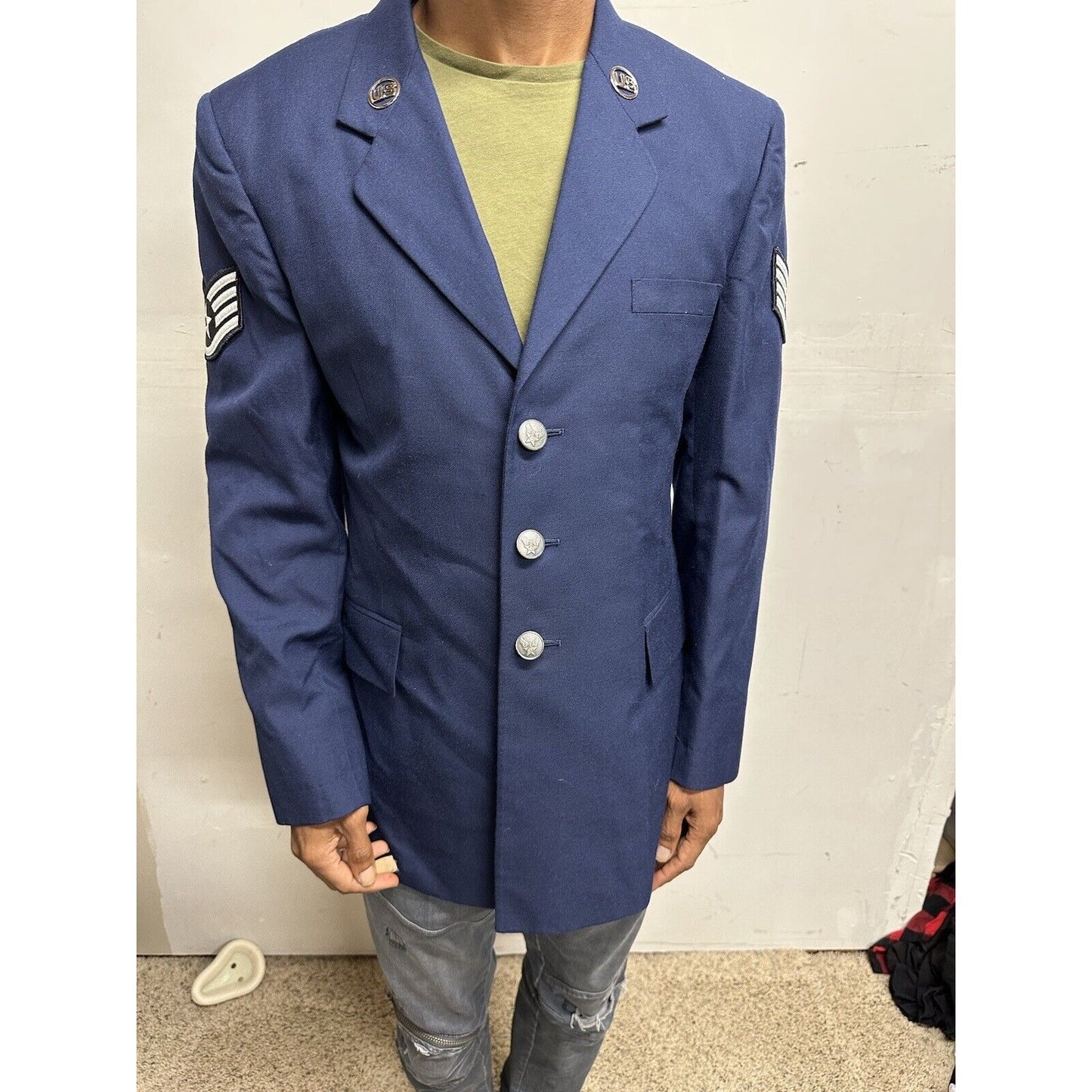 Men’s 40R Coat Uniform Air Force Blue Jacket Staff Sergeant Rank US Insignia