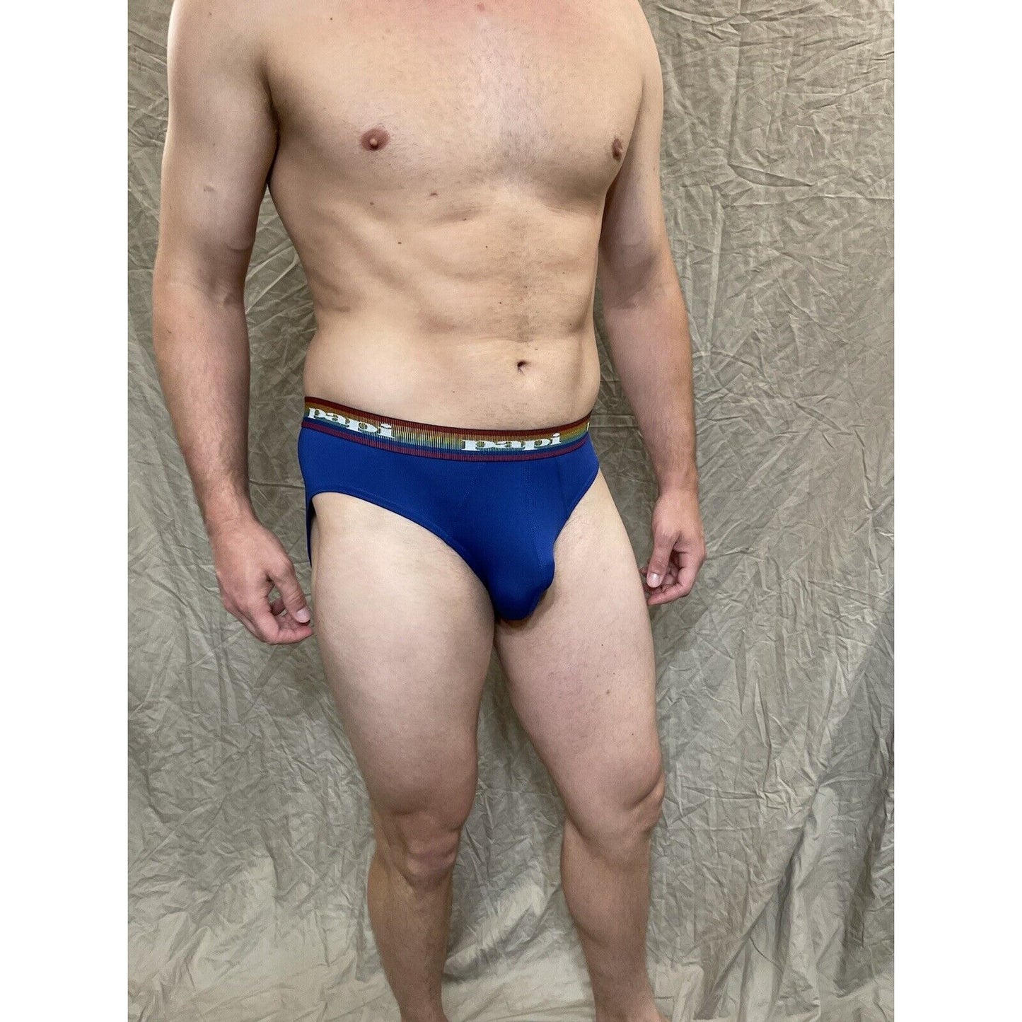 men's Blue rainbow pride papi brief 8% spandex XL