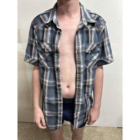 men’s button up helix large gray plaid shirt