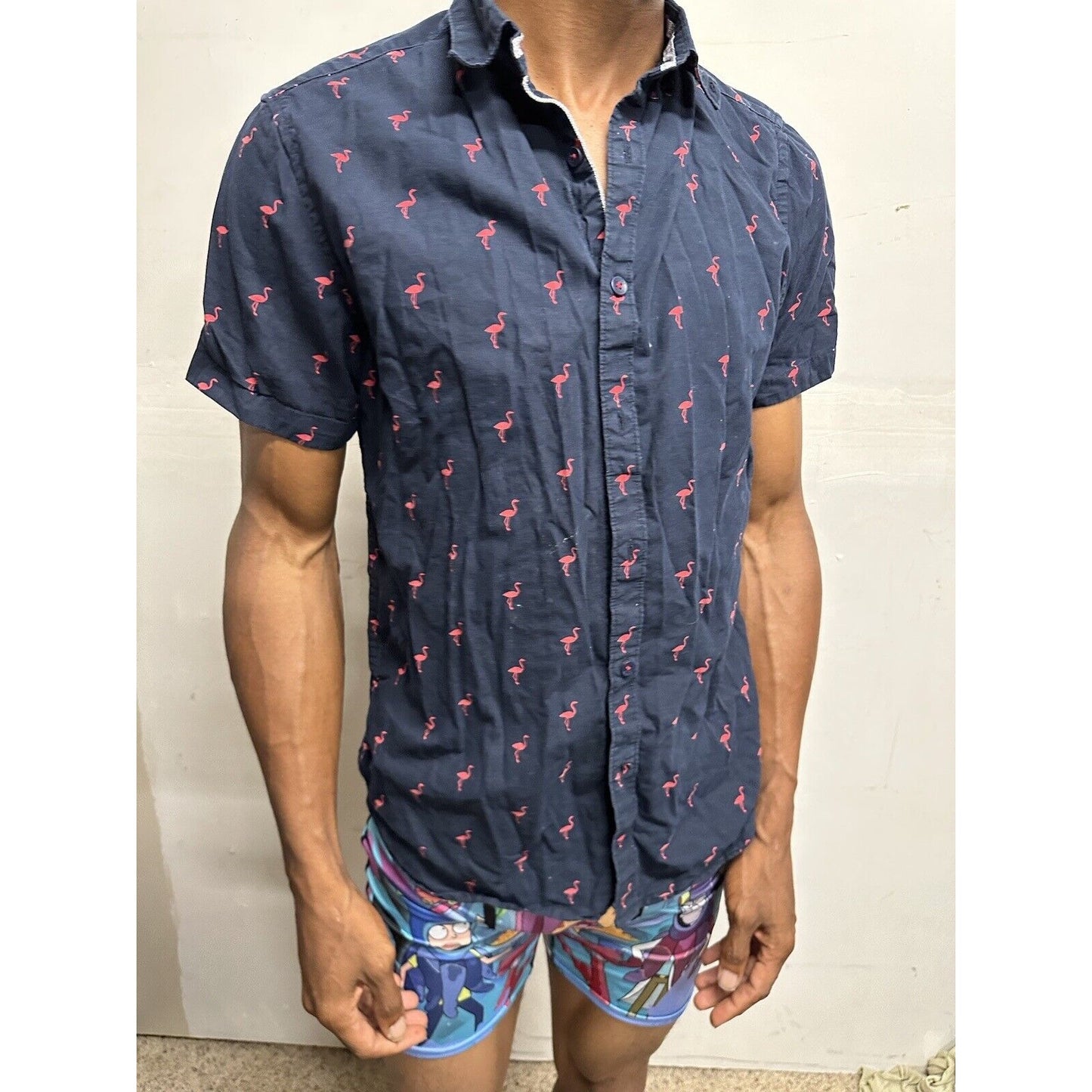 Men’s Cactus Man Ricky Singh Medium Dark Blue Button Up Flamingo Shirt Slim Fit