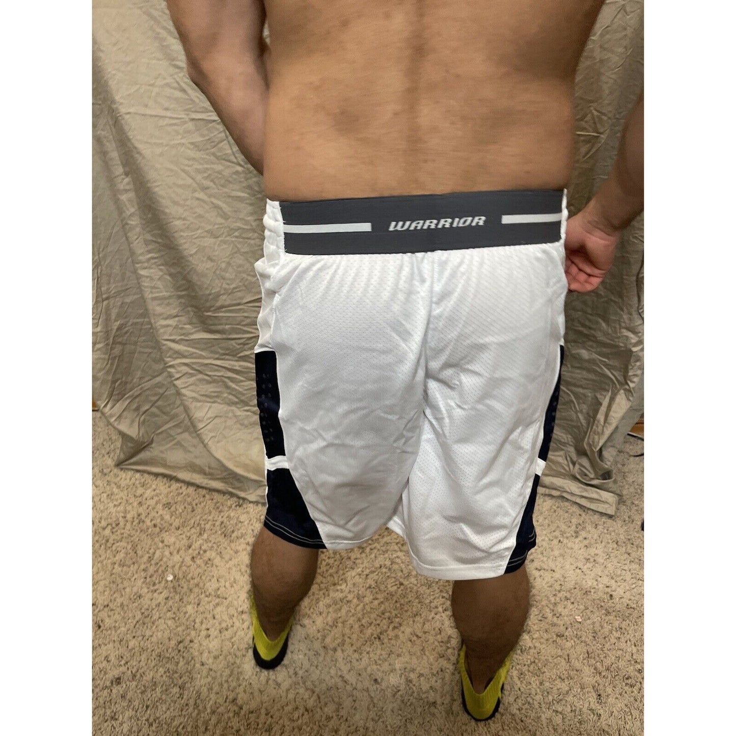 Men's white with dark blue warrior adult small Basketball Style Shorts No Pocket