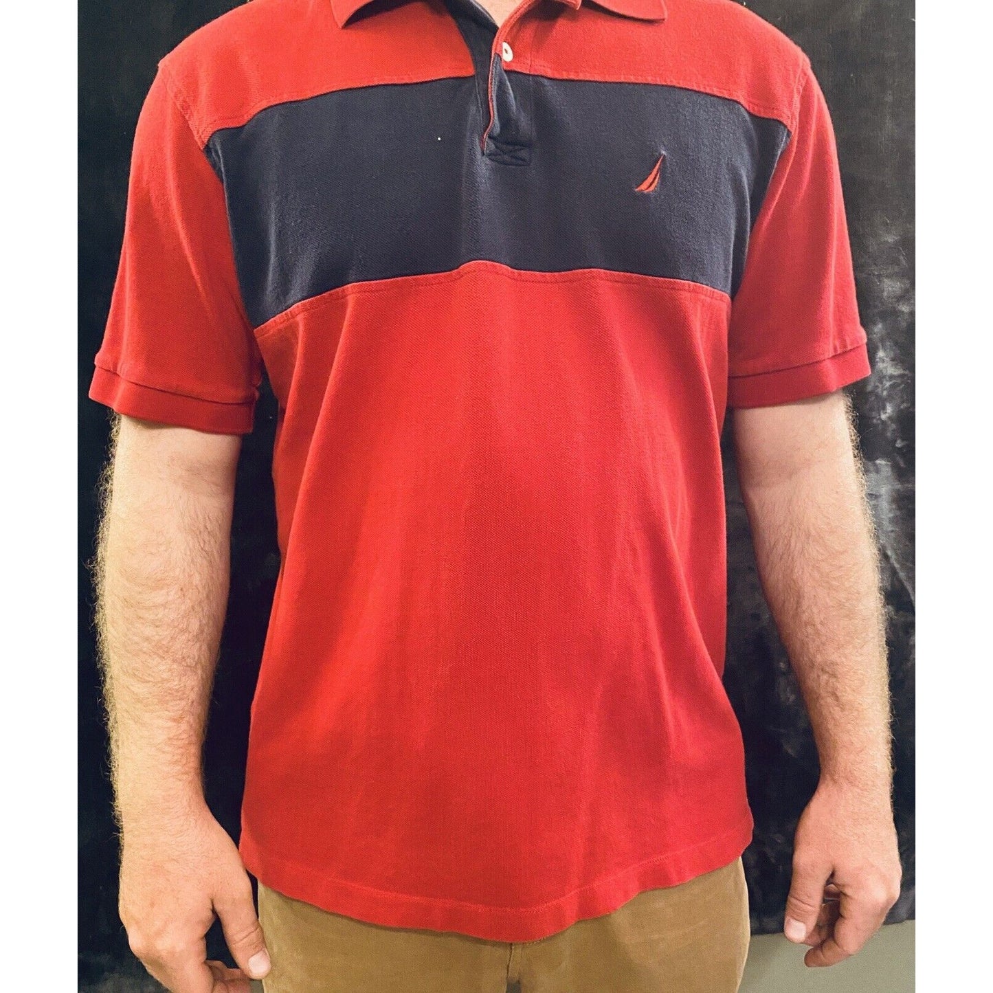 Classic Nautica Polo Shirt Mens L Red with Black Band