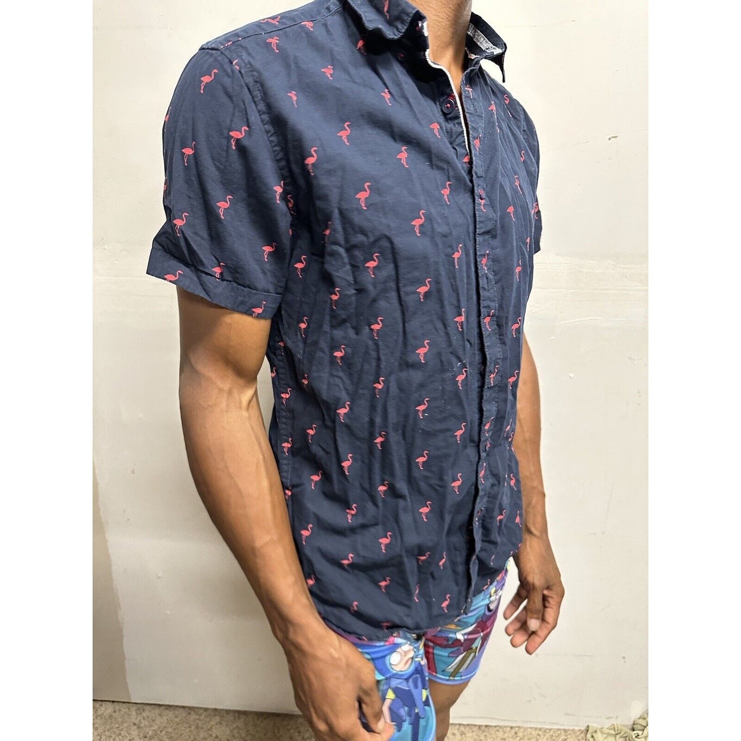 Men’s Cactus Man Ricky Singh Medium Dark Blue Button Up Flamingo Shirt Slim Fit