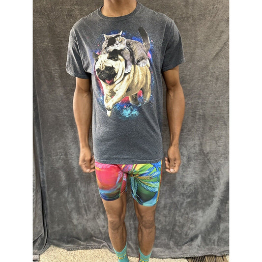 Men’s Gray Fifthsun Medium Tshirt Pug And Pirate Cat In Space
