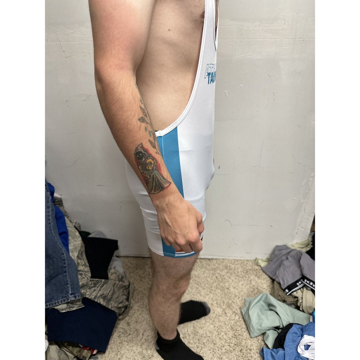 Men’s Tauwell White And Aqua Wrestling Singlet Medium