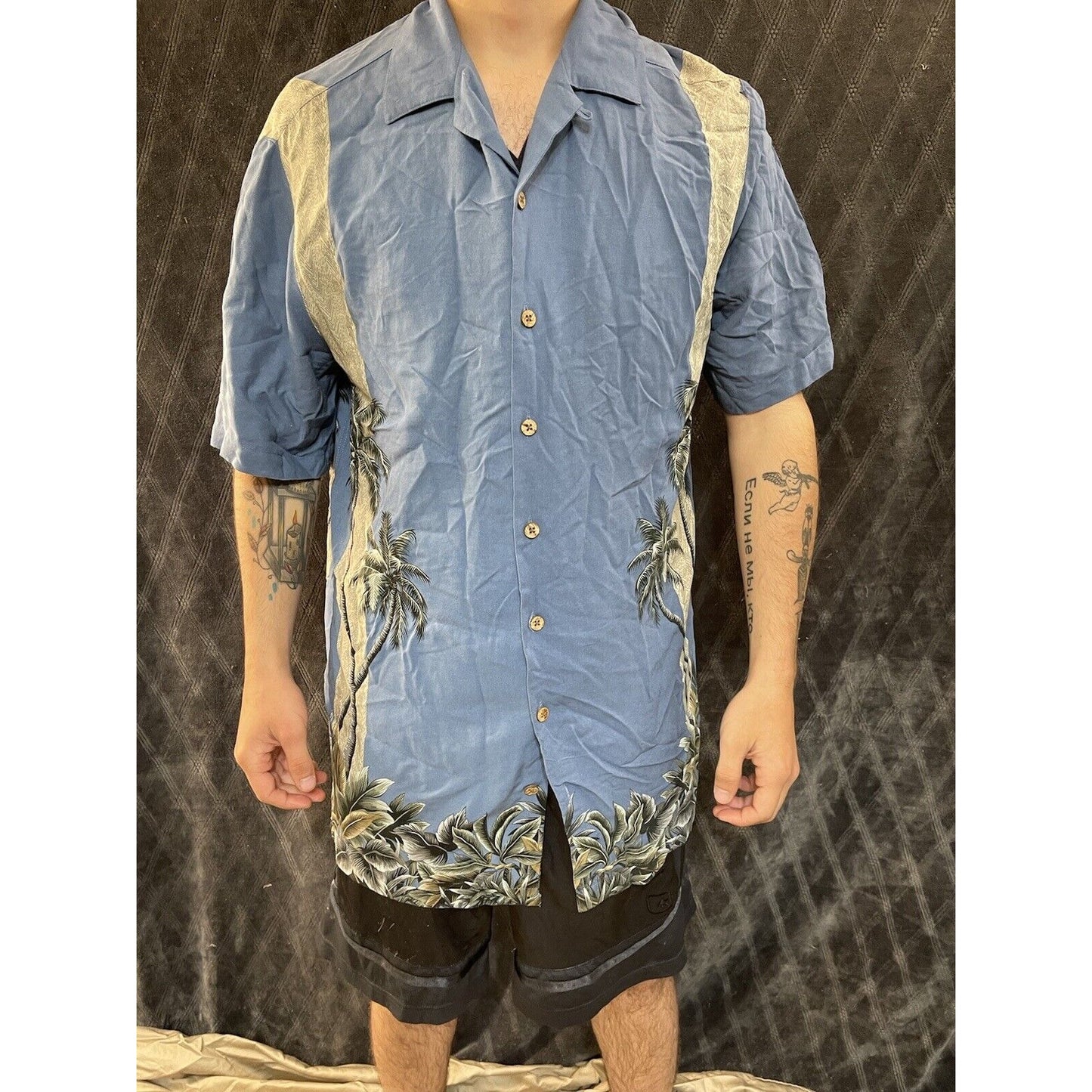 men’s LT large tall 100% rayon button up short sleeve shirt palm trees hawaiian