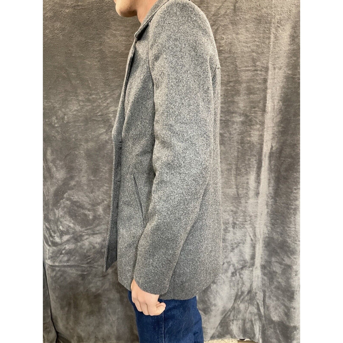 men's small gray old navy overcoat wool poly blend