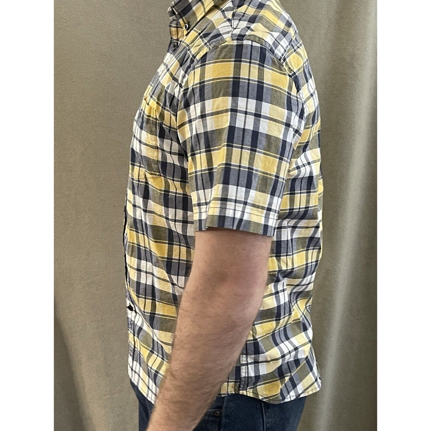 Old Navy Men’s Classic Shirt Stretch Built In Flex Yellow Blue Plaid Large