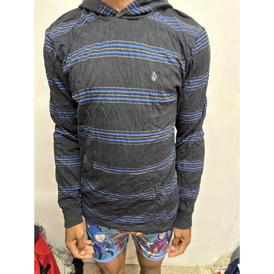 Men’s Volcom Medium Black Blue Striped Long Sleeve Hoodie