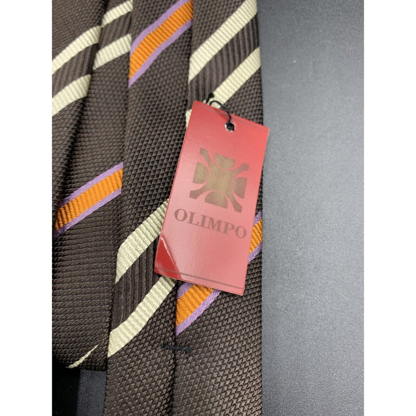 NWT Olimpo Tie Brown with Cream And Orange  Pattern 100% Silk Made in Spain