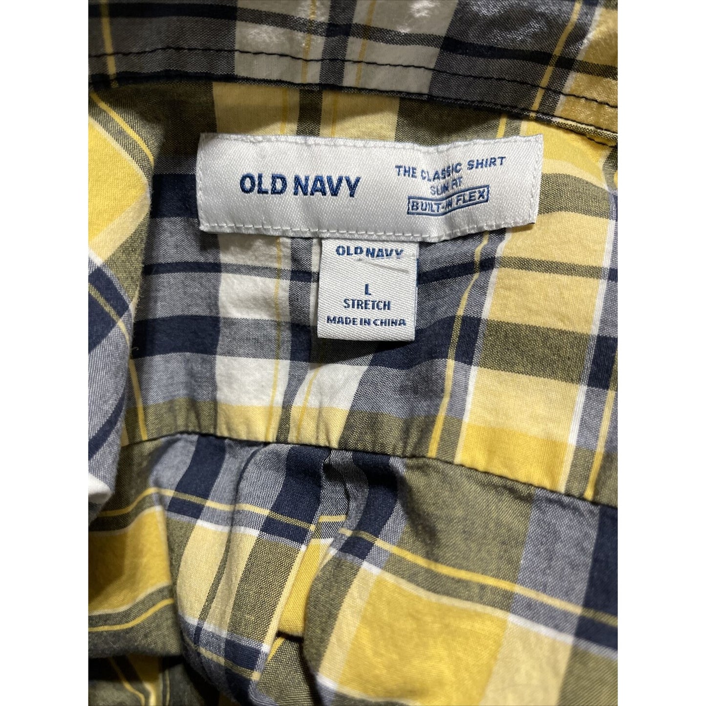 Old Navy Men’s Classic Shirt Stretch Built In Flex Yellow Blue Plaid Large