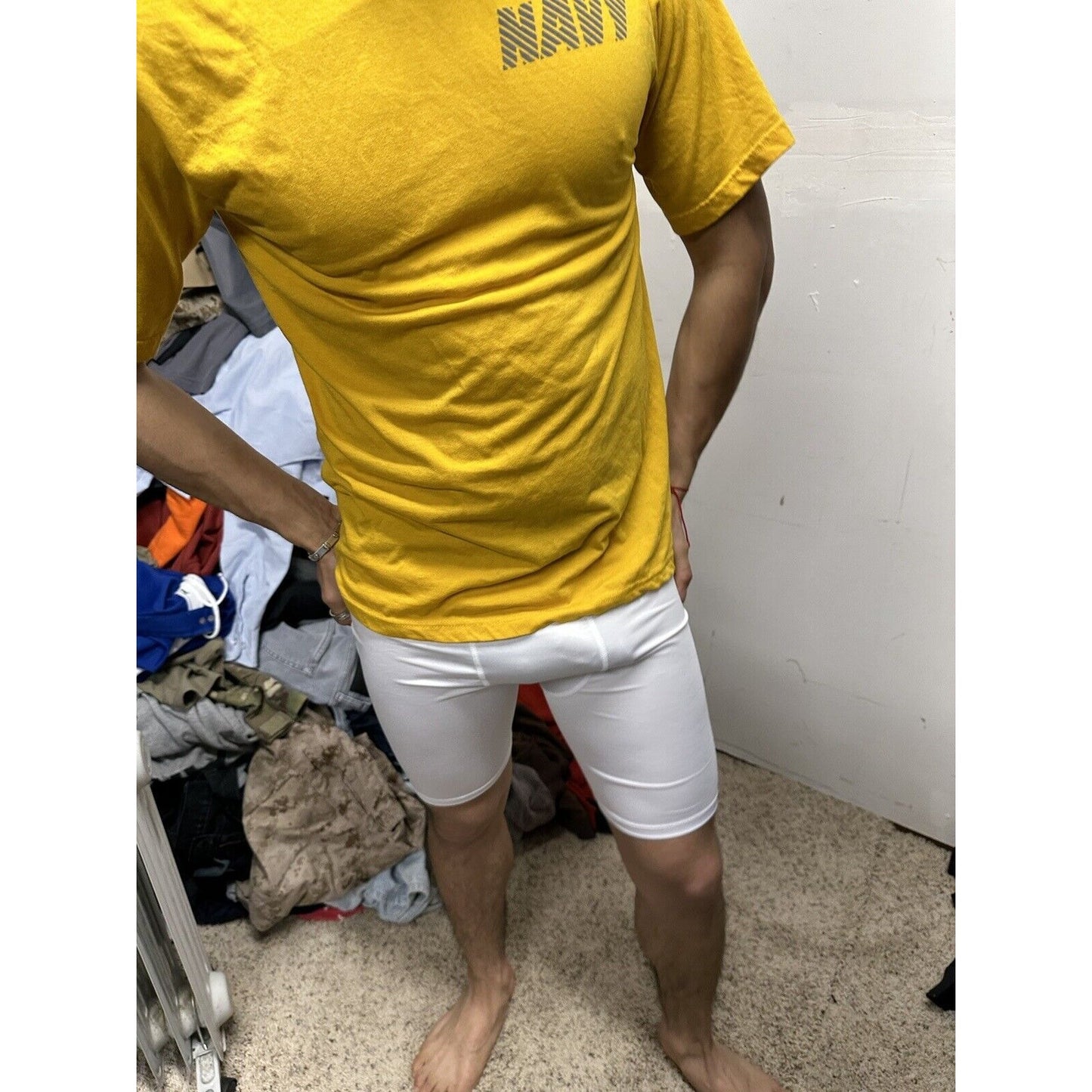Men’s US Navy Small Yellow PT Physical Fitness Uniform Shirt Short Sleeves