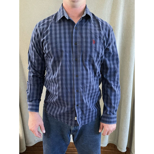 US Polo Assn men long slv Plaid BLUE Button-Front SHIRT stretch cotton