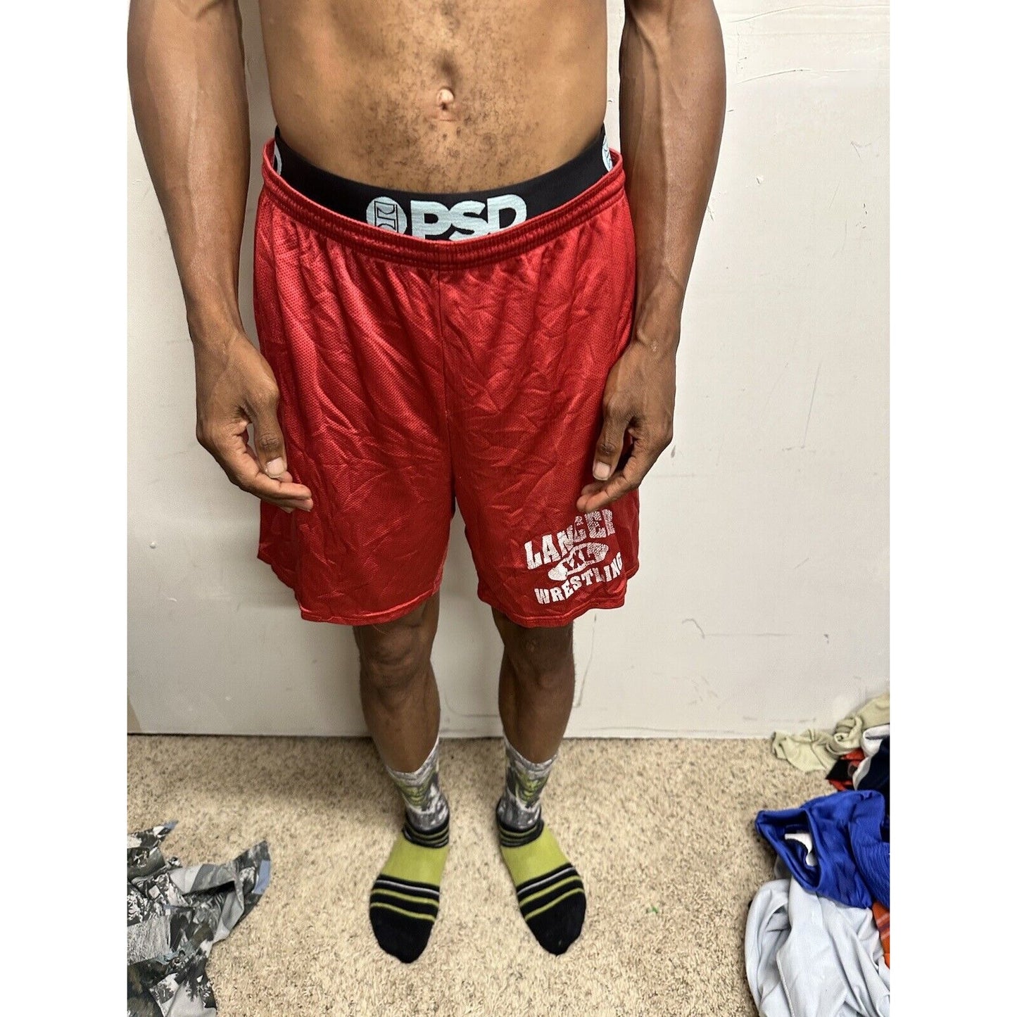 Men’s Large Red Lancer Wrestling Athletic Shorts No Pockets