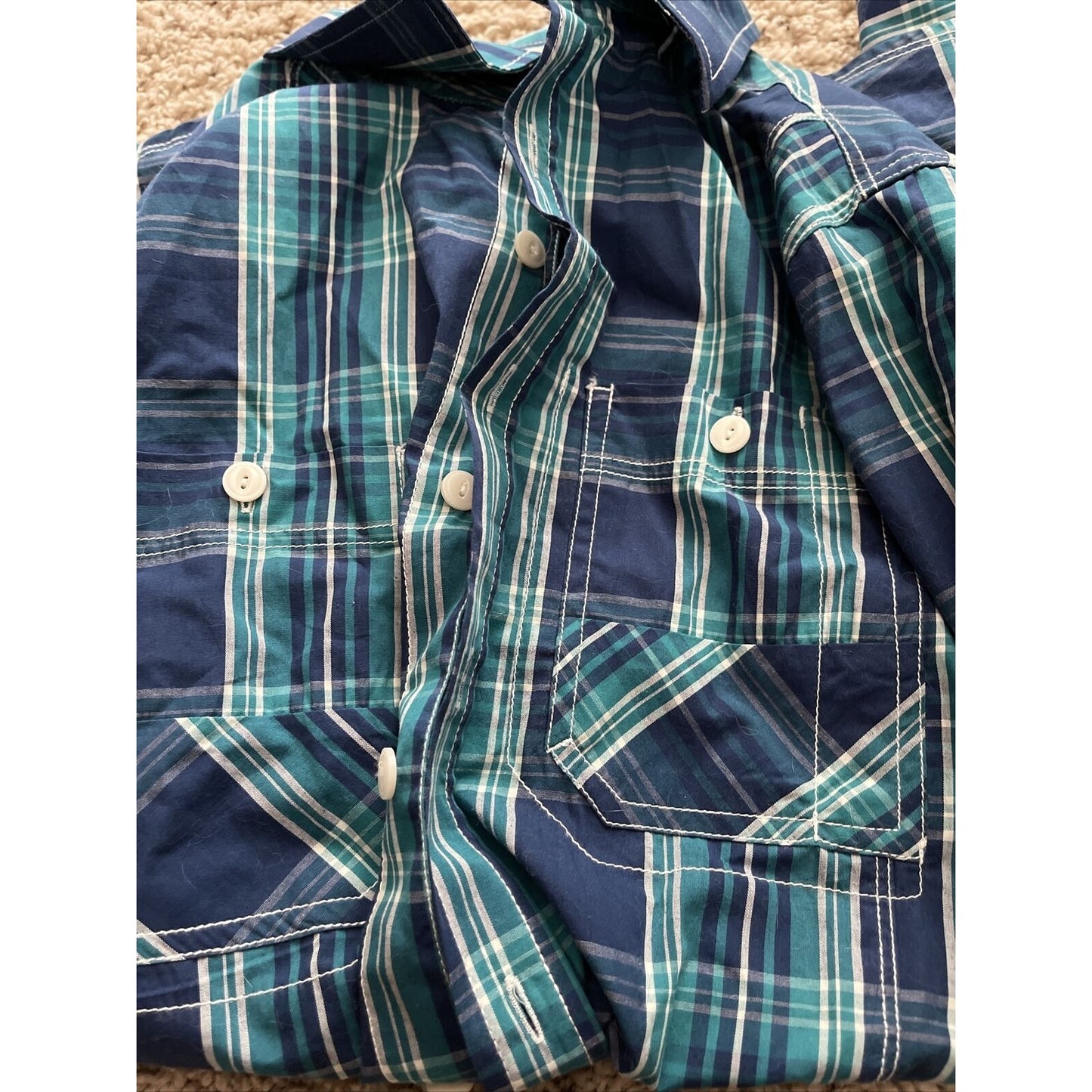 Men’s Medium Marc Ecko Green/Blue Plaid Dress Shirt