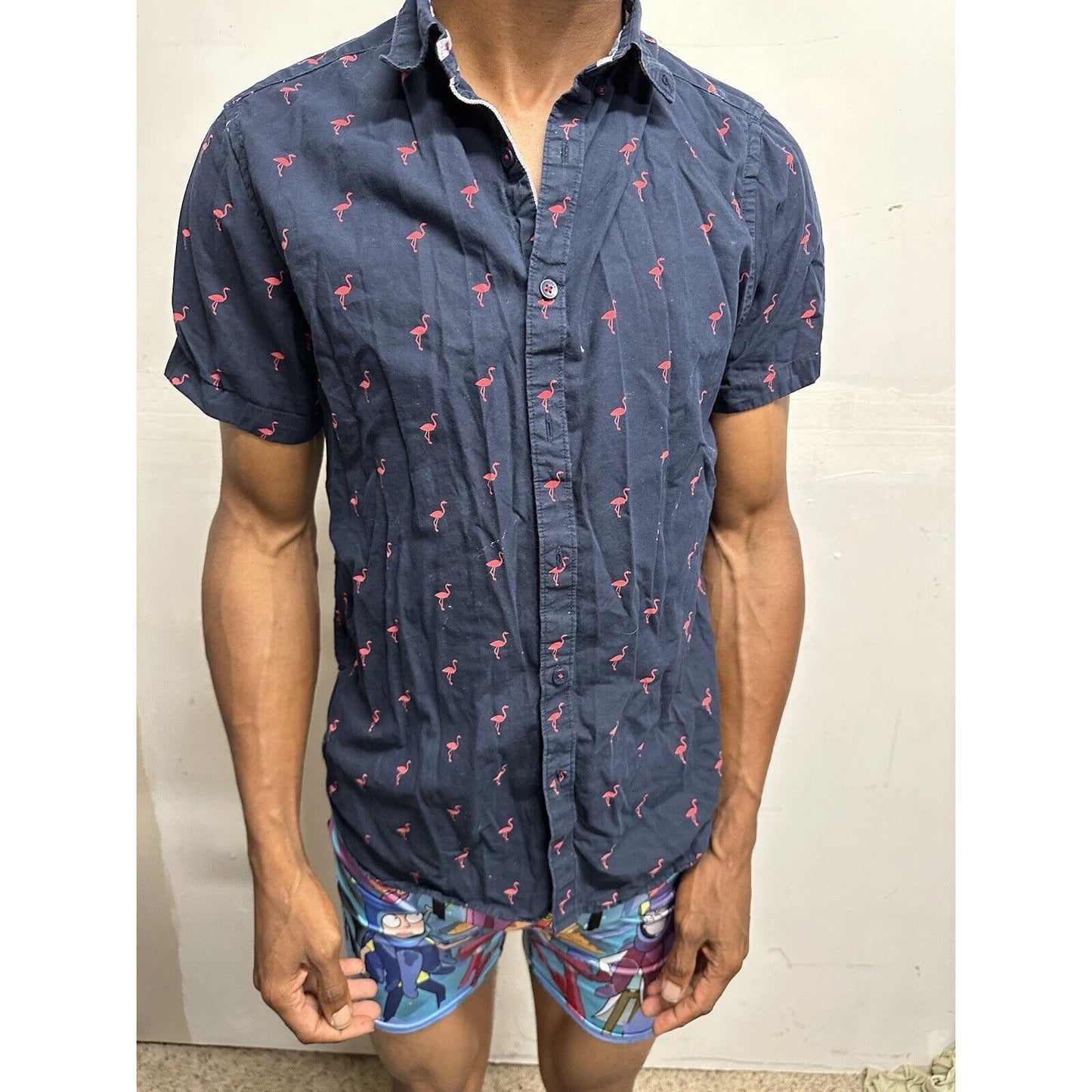 Men’s Cactus Man Ricky Singh Medium Dark Blue Button Up Flamingo Shirt Slim Fit