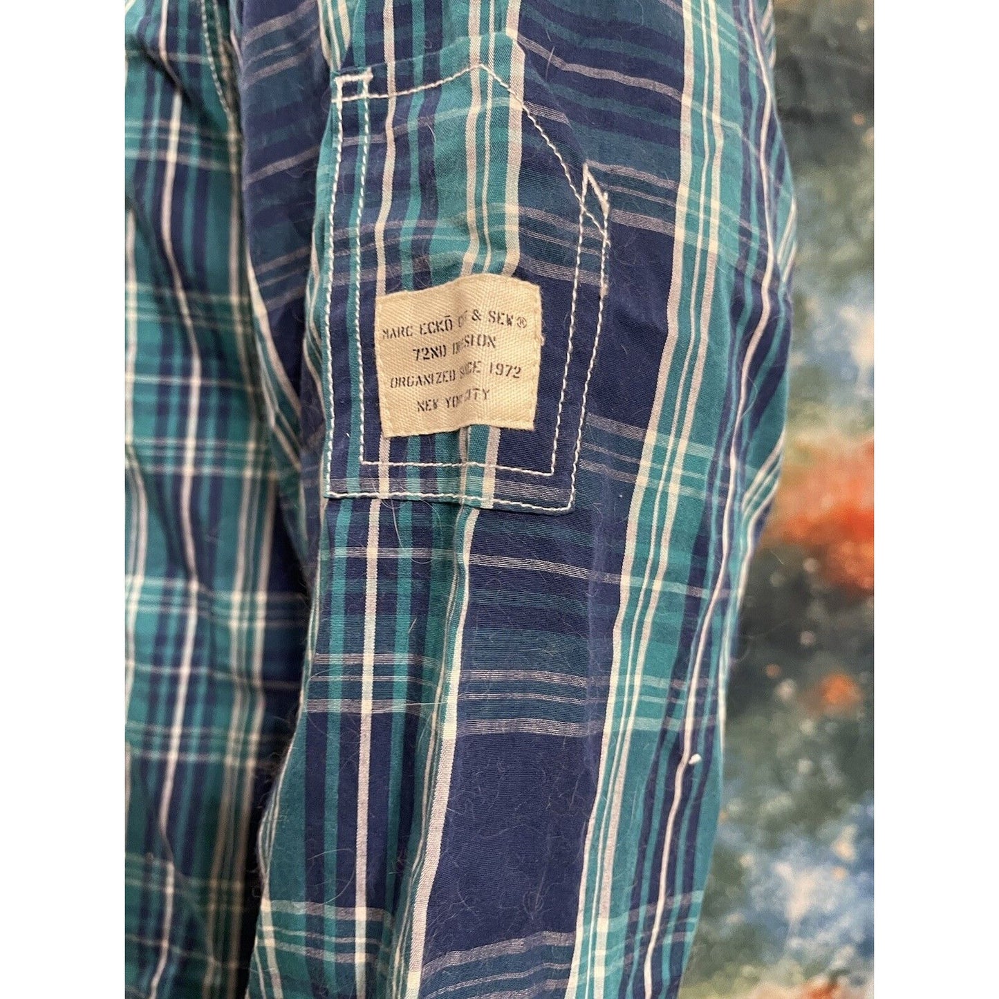 Men’s Medium Marc Ecko Green/Blue Plaid Dress Shirt