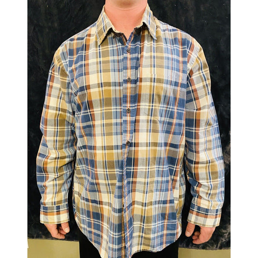 Vtg ARROW Blue Brown Tartan Plaid Button-down Long Sleeves Shirt Men's XL