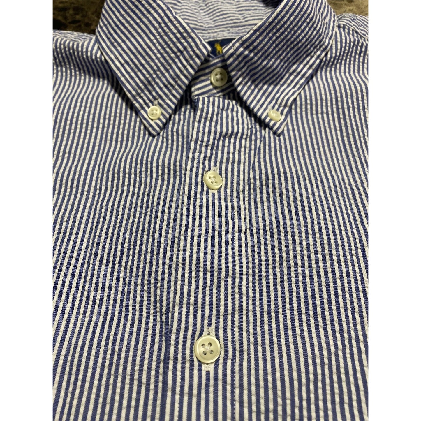 Ralph Lauren Men's Large White Blue Seersucker Striped Short Sleeve Button Down