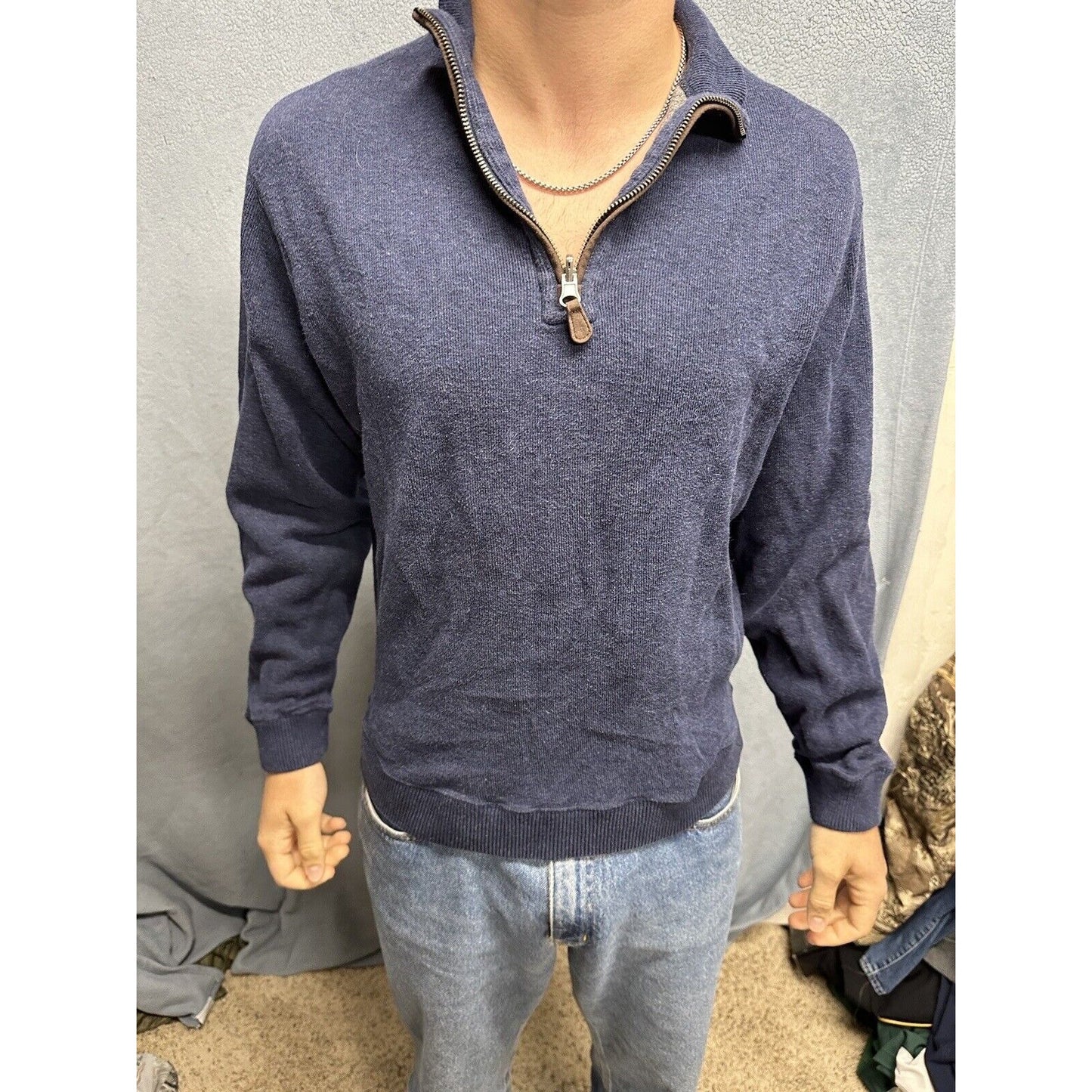 Men’s Dark Blue Medium Cremieux 1/4 Zip Long Sleep Pullover Sweater