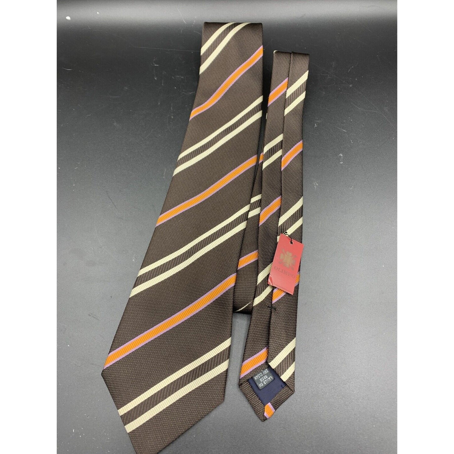 NWT Olimpo Tie Brown with Cream And Orange  Pattern 100% Silk Made in Spain