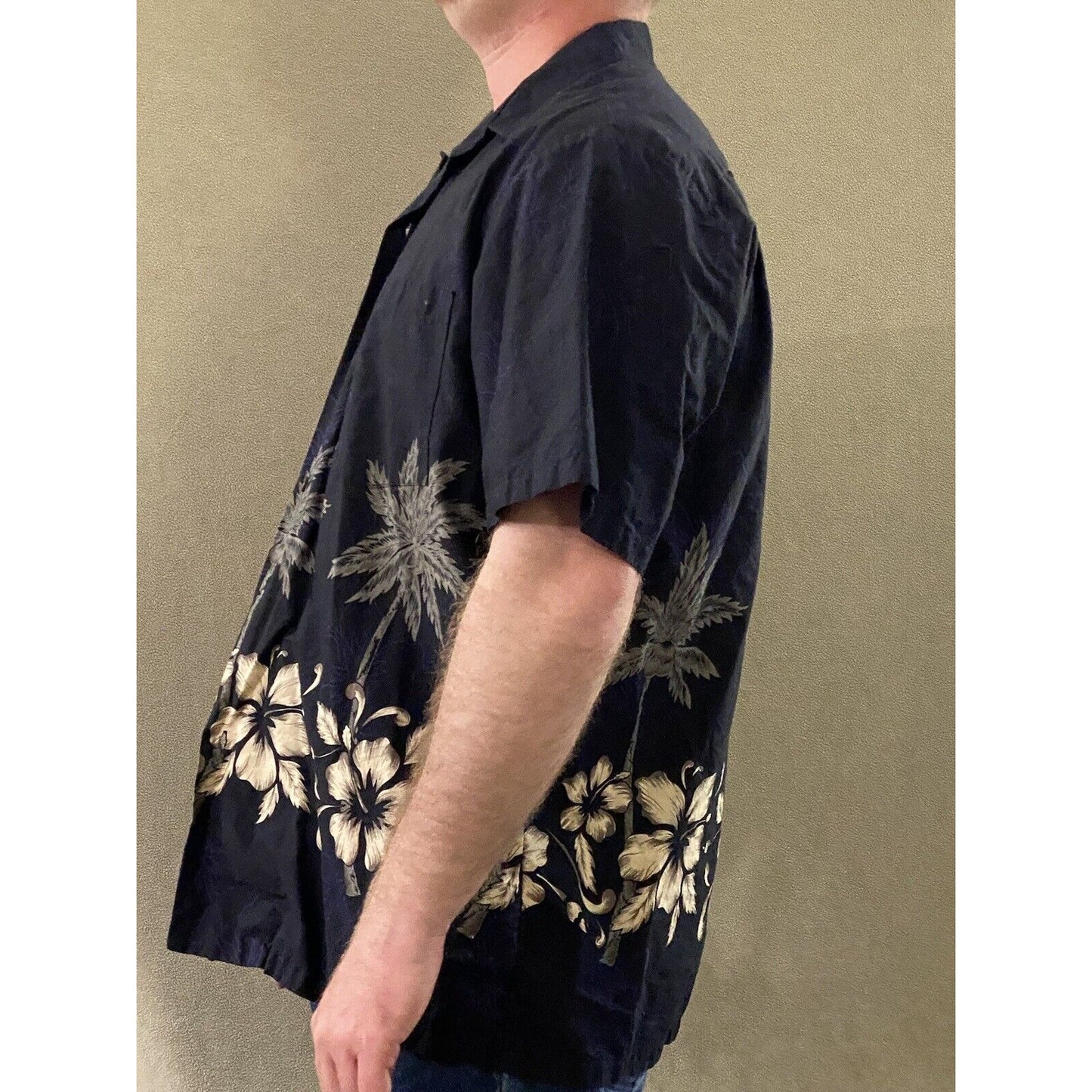 RJC Men’s XL Black Hawaiian Summer Palm Trees Hibiscus Flowers Button-down Shirt