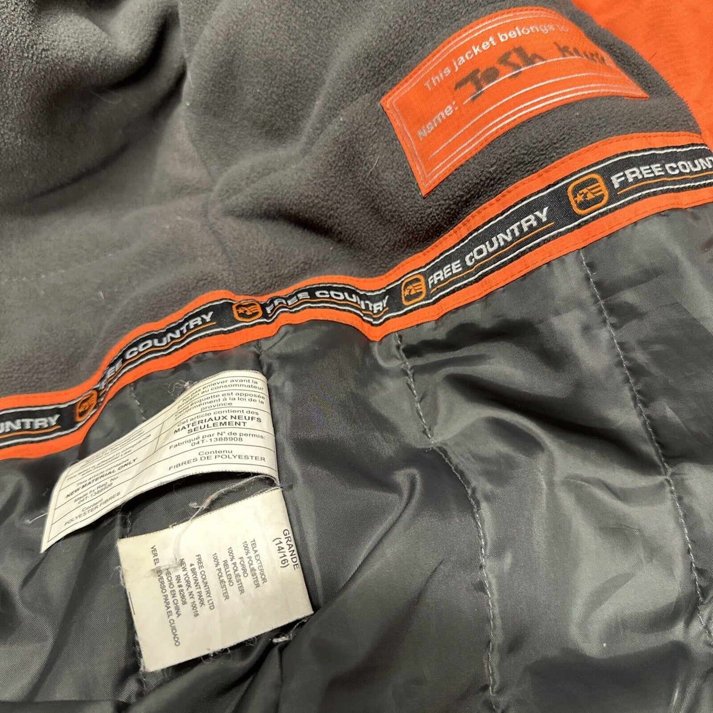 Boys Gray And Orange Large 14/16 Free Country Extreme Performance Snow Jacket