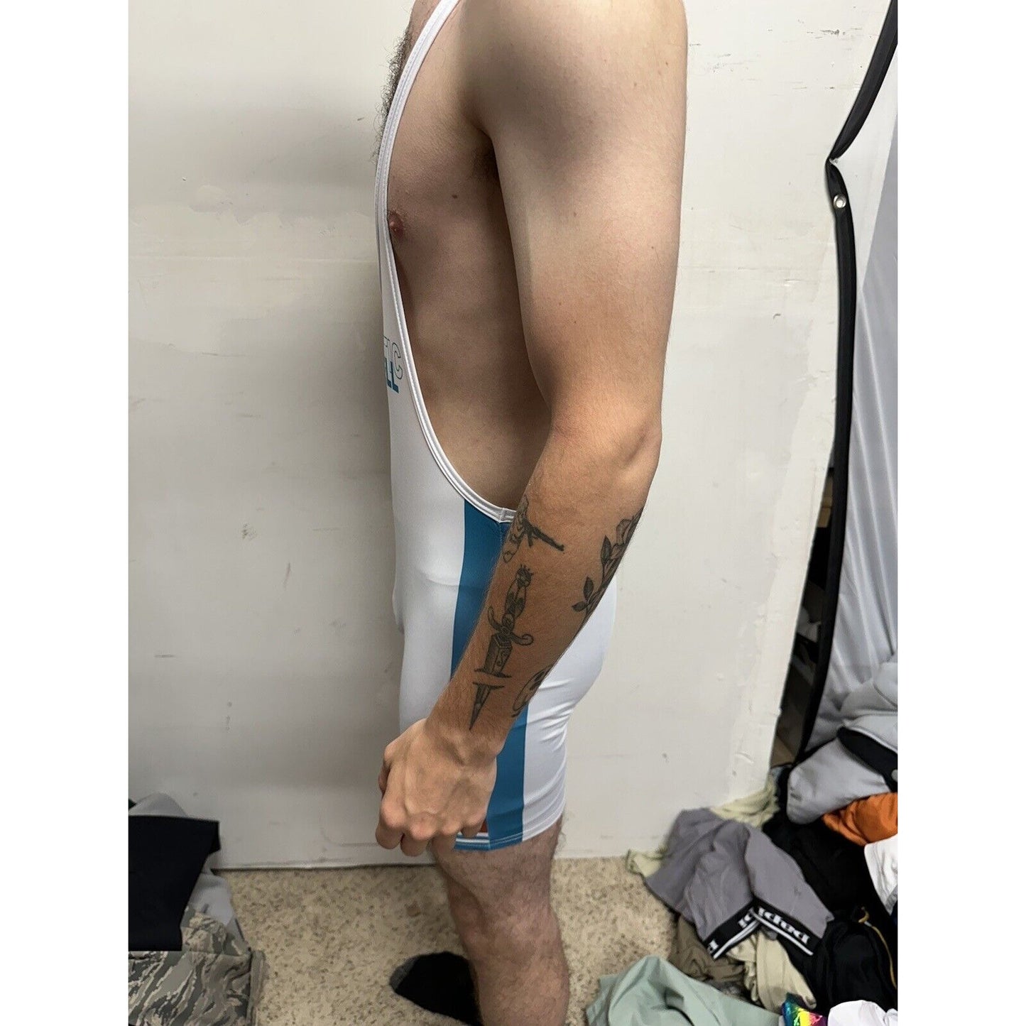 Men’s Tauwell White And Aqua Wrestling Singlet Large