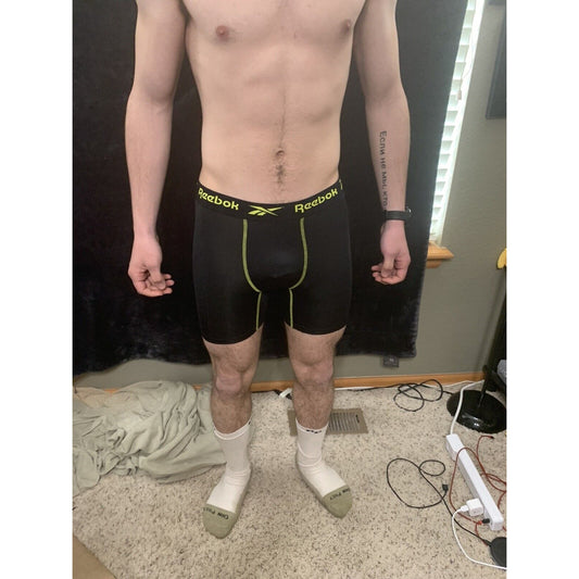 Men’s Reebox Black Compression Shorts Medium 10% Spandex With Yellow Band