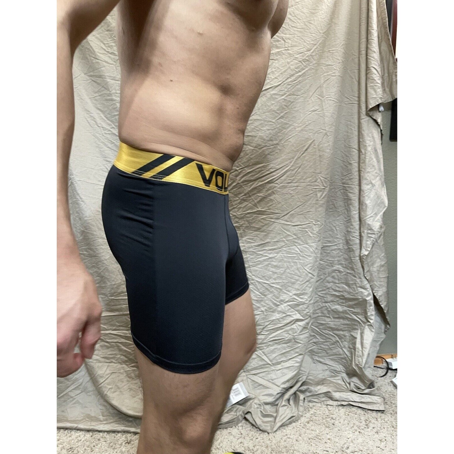 Men's black volcom polyester spandex compression boxer shorts gold band XL