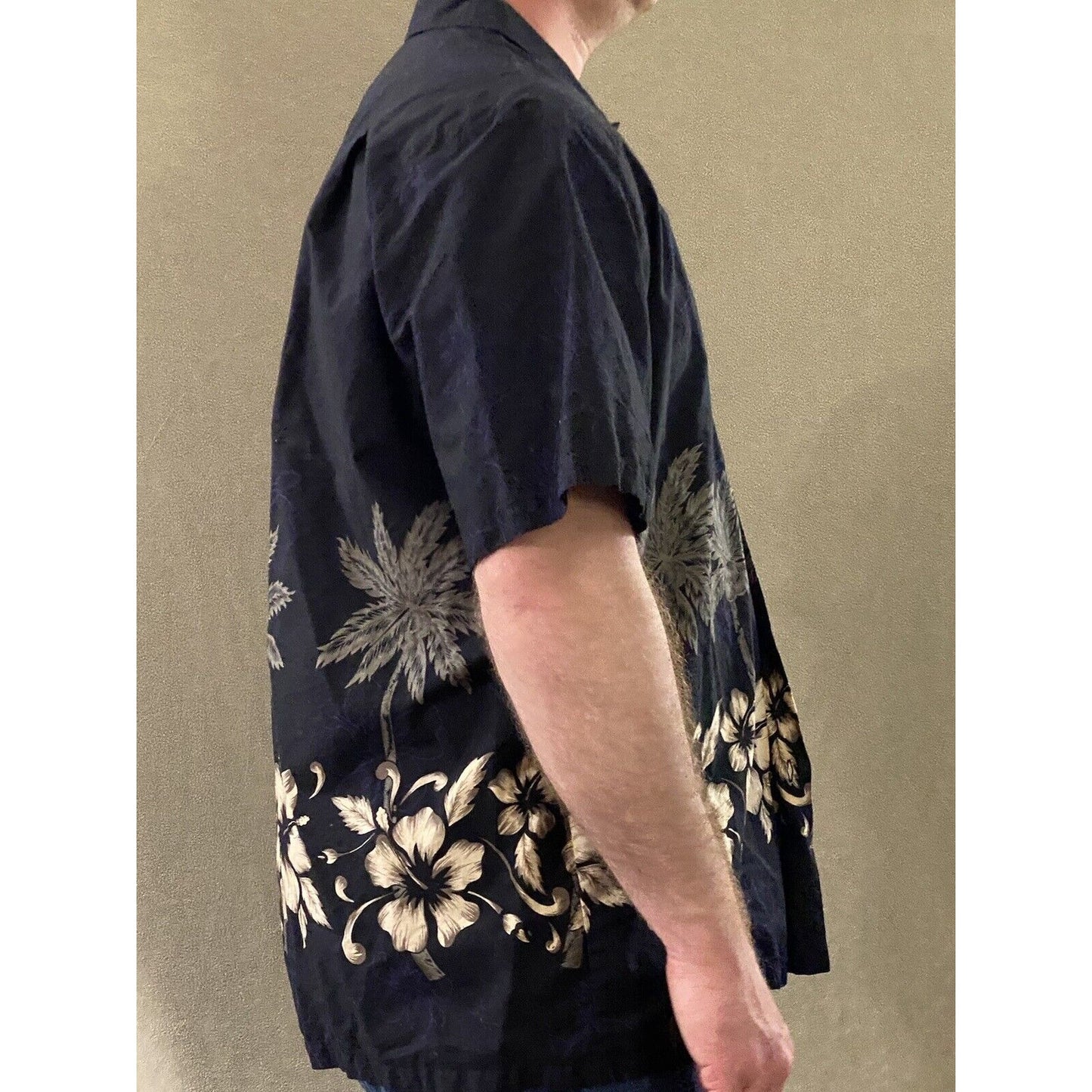 RJC Men’s XL Black Hawaiian Summer Palm Trees Hibiscus Flowers Button-down Shirt