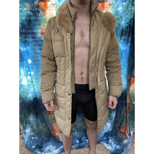 Larry Levin Women's Large Tan Puffy Snap jacket Down Faux Fur