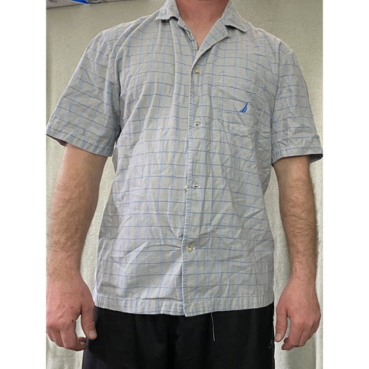 Nautica Sleepwear Gray Blue Plaid Men’s Large Cotton Button-down Shirt