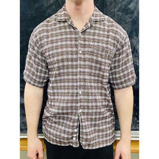 Ocean Pacific Men’s Large Gray & Maroon Plaid Button-down Short Sleeves