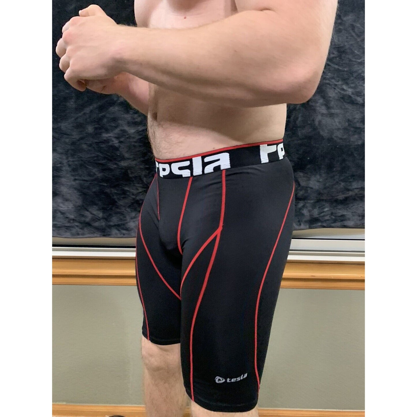 Men's Tesla Compression Running Cycling Performance Shorts Black Red XL