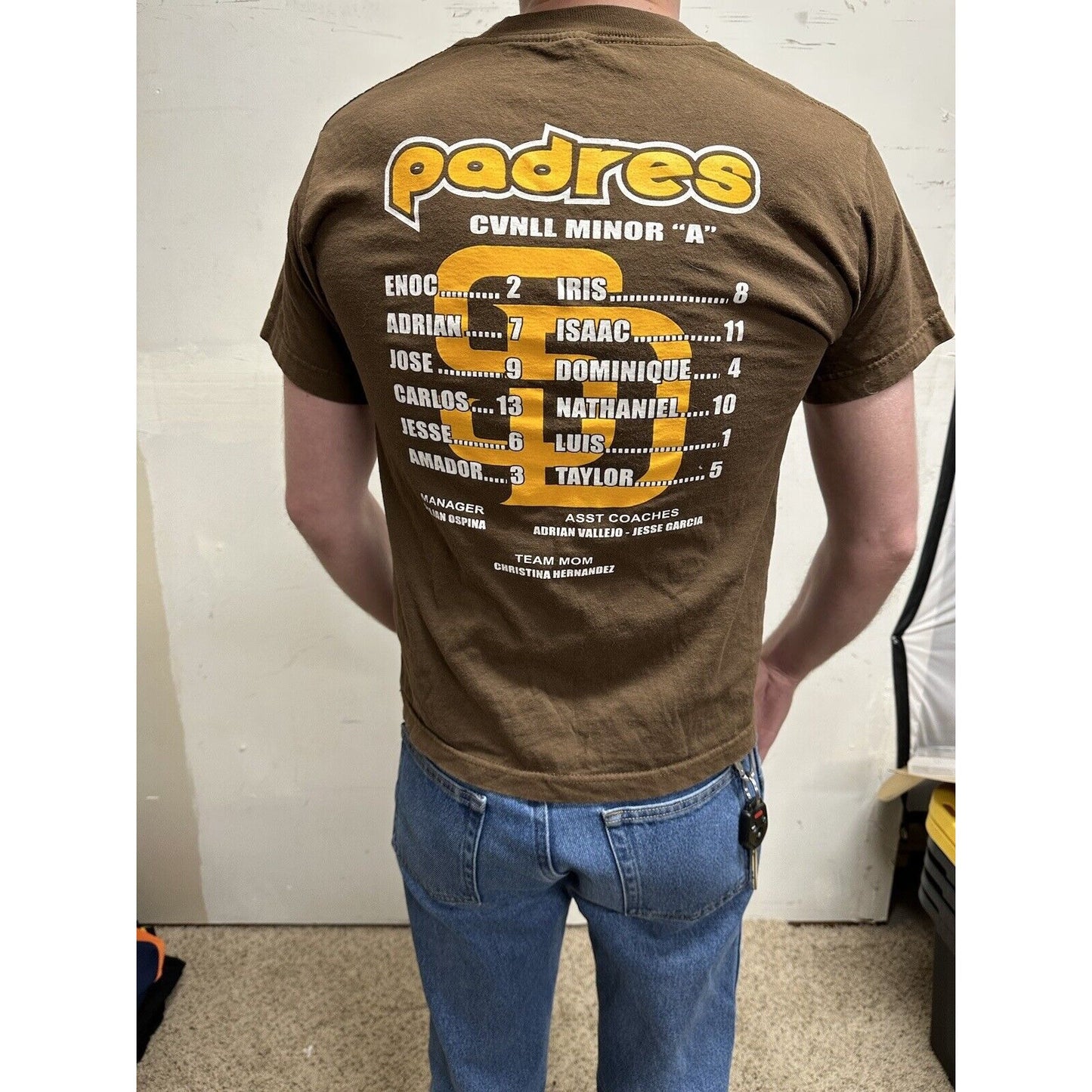 men’s san diego padres old logo style brown short sleeve youth large shirt