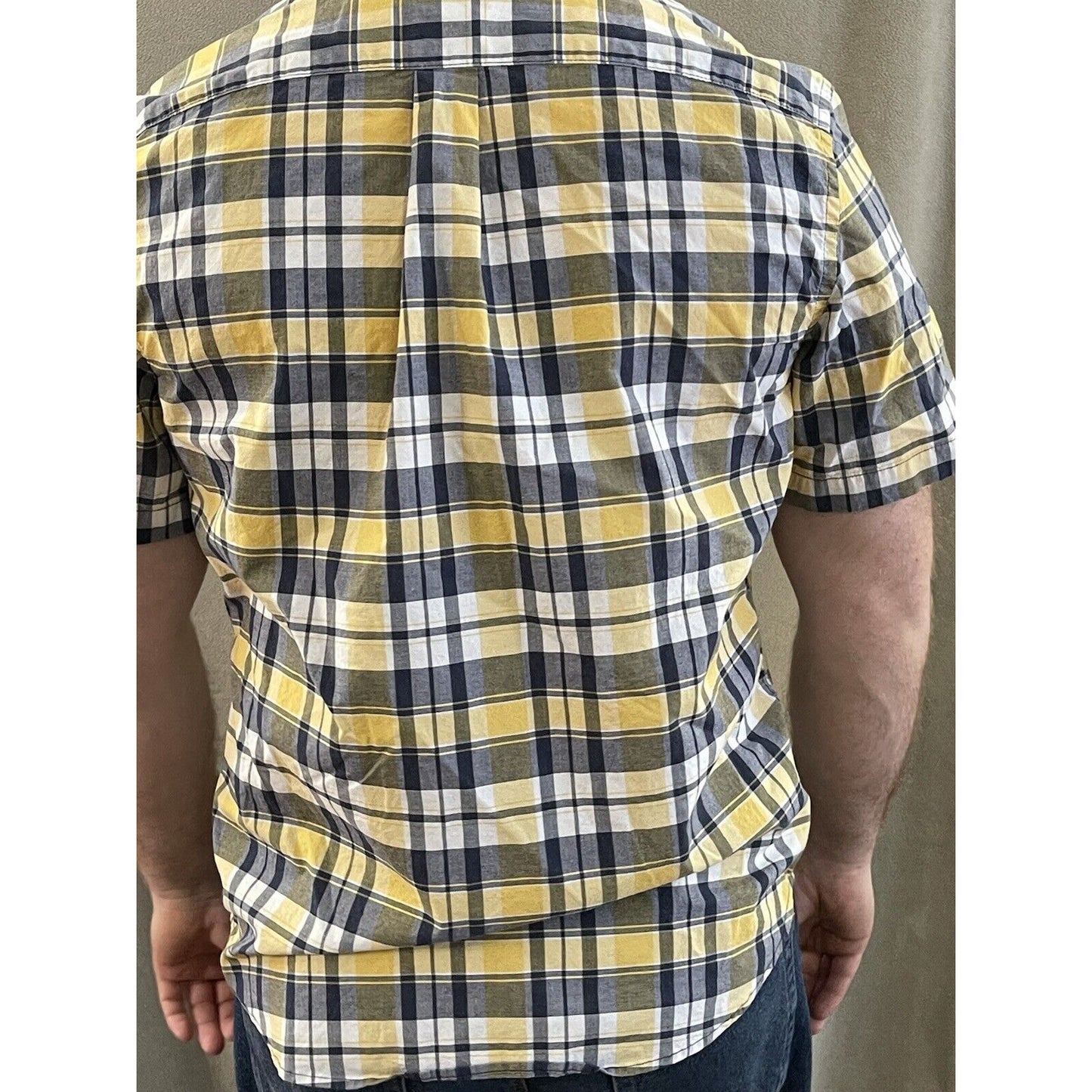 Old Navy Men’s Classic Shirt Stretch Built In Flex Yellow Blue Plaid Large