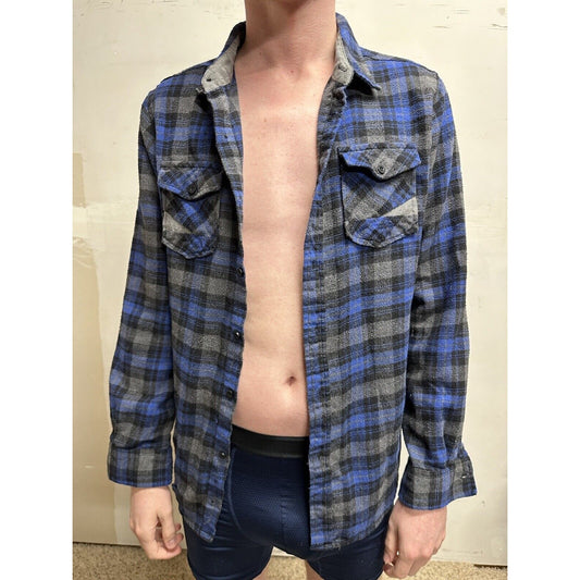 men’s blue gear medium blue plaid flannel shirt long sleeve button up