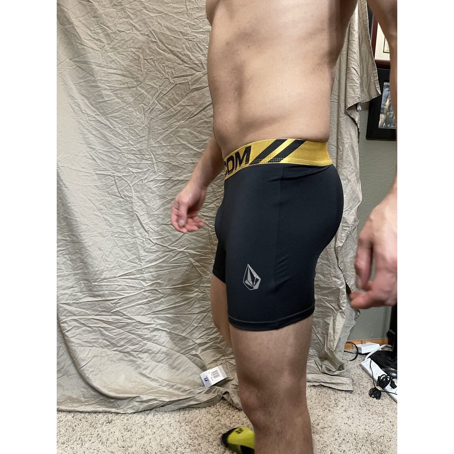Men's black volcom polyester spandex compression boxer shorts gold band XL